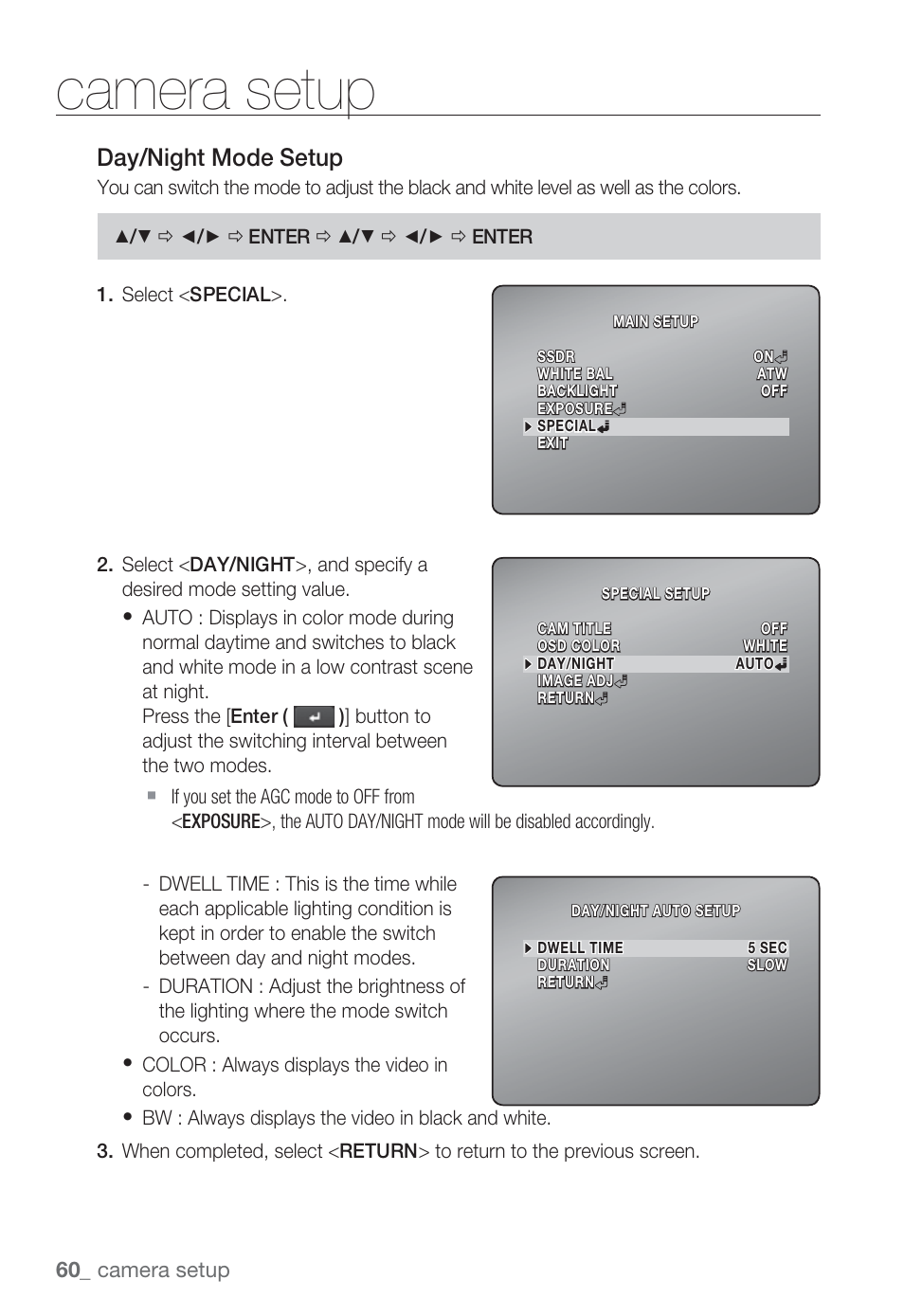 Camera setup, Day/night mode setup | Sharp SND-5080 User Manual | Page 60 / 101