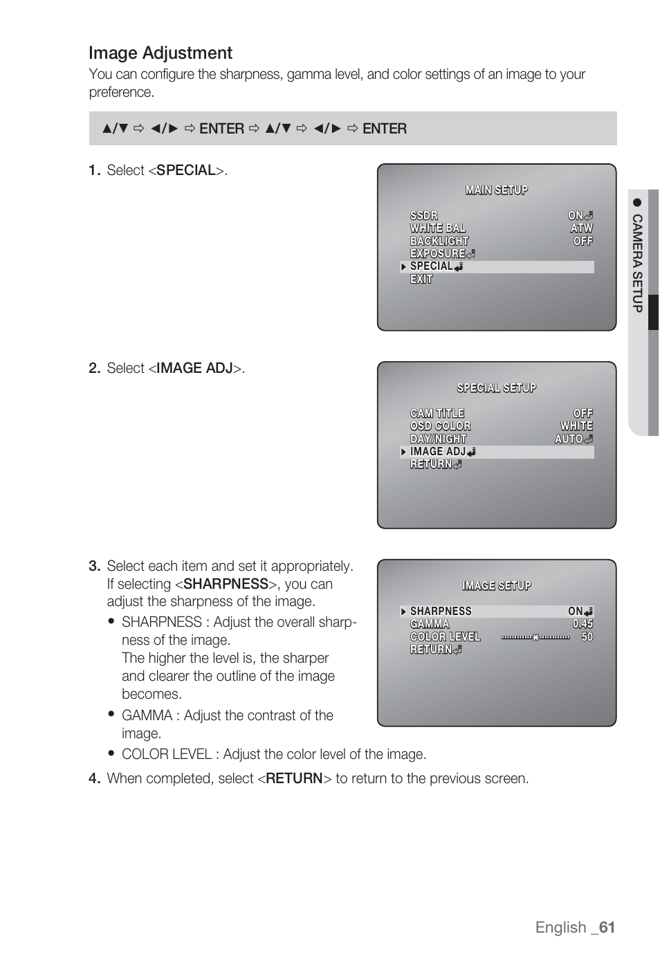 Image adjustment, English _61 | Sharp SND-5080 User Manual | Page 61 / 101