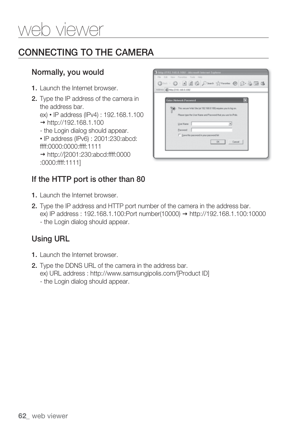 Web viewer, Connecting to the camera | Sharp SND-5080 User Manual | Page 62 / 101