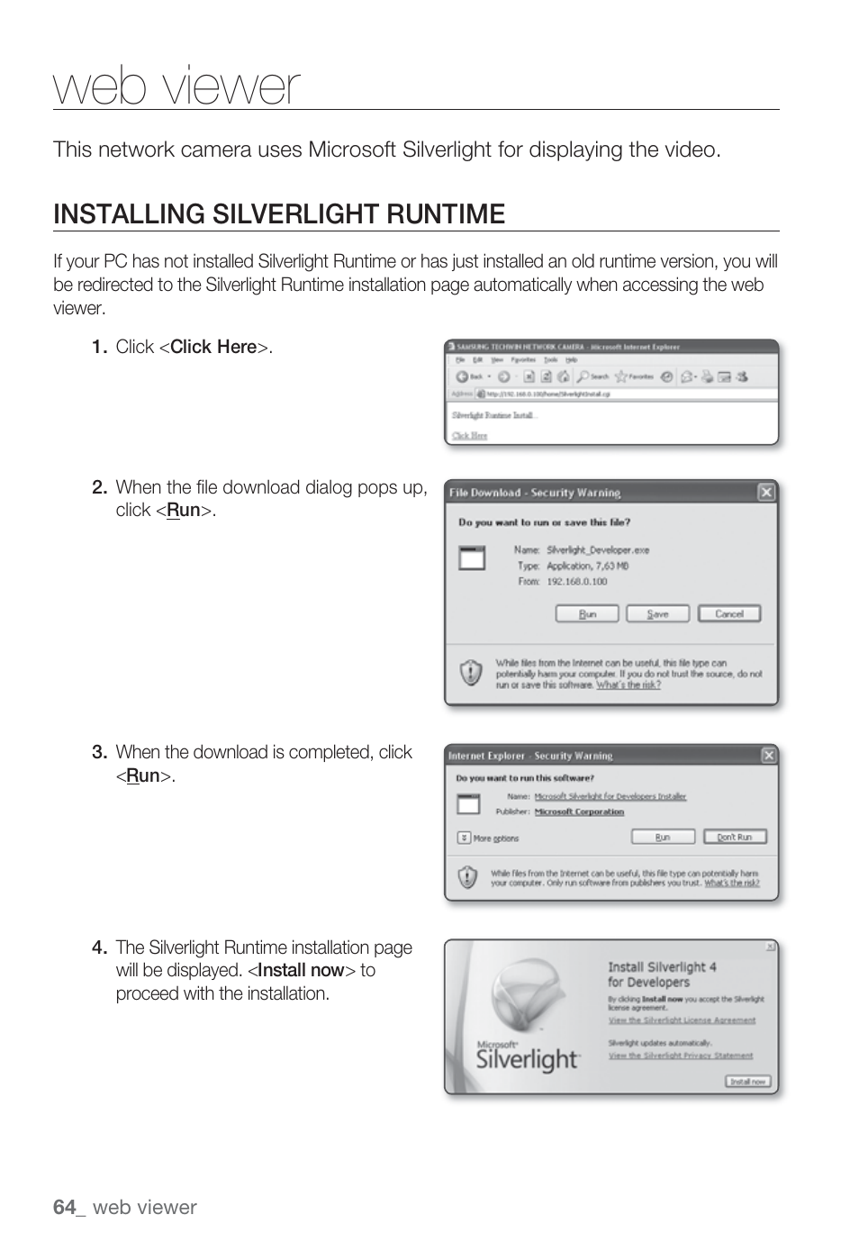 Web viewer, Installing silverlight runtime | Sharp SND-5080 User Manual | Page 64 / 101