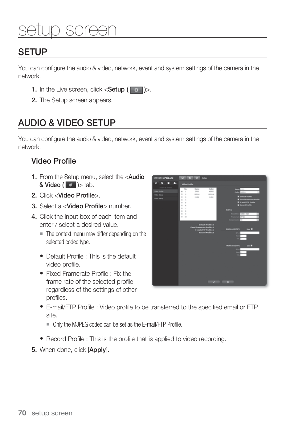 Setup screen, Setup, Audio & video setup | Sharp SND-5080 User Manual | Page 70 / 101