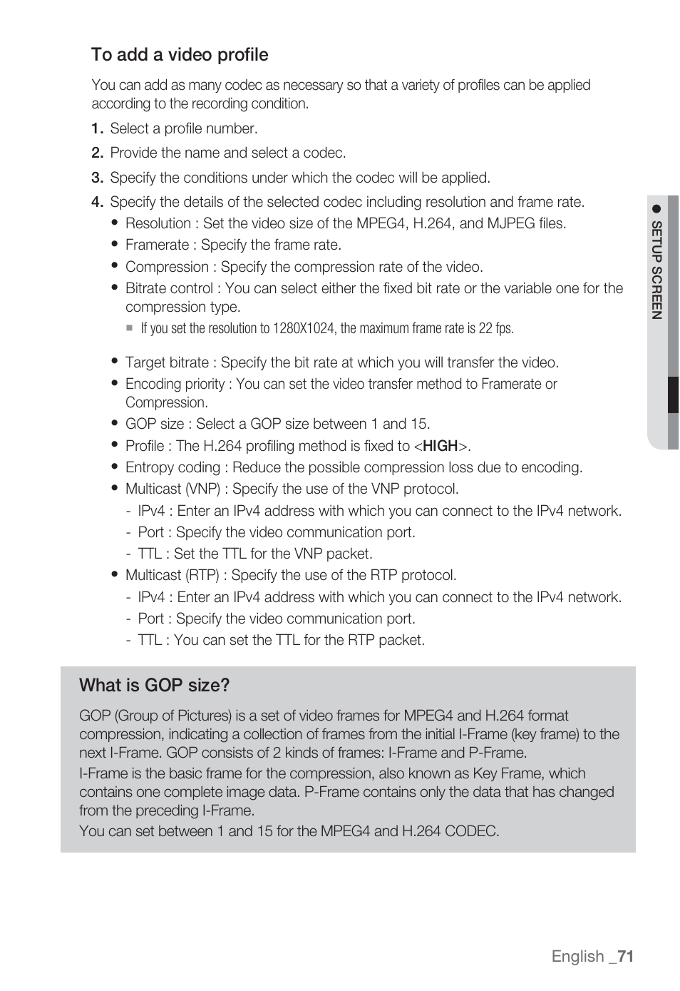 What is gop size | Sharp SND-5080 User Manual | Page 71 / 101