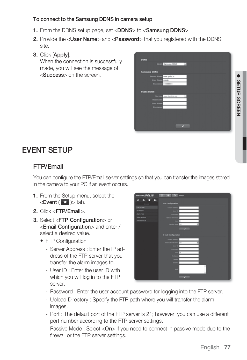 Event setup, Ftp/email | Sharp SND-5080 User Manual | Page 77 / 101