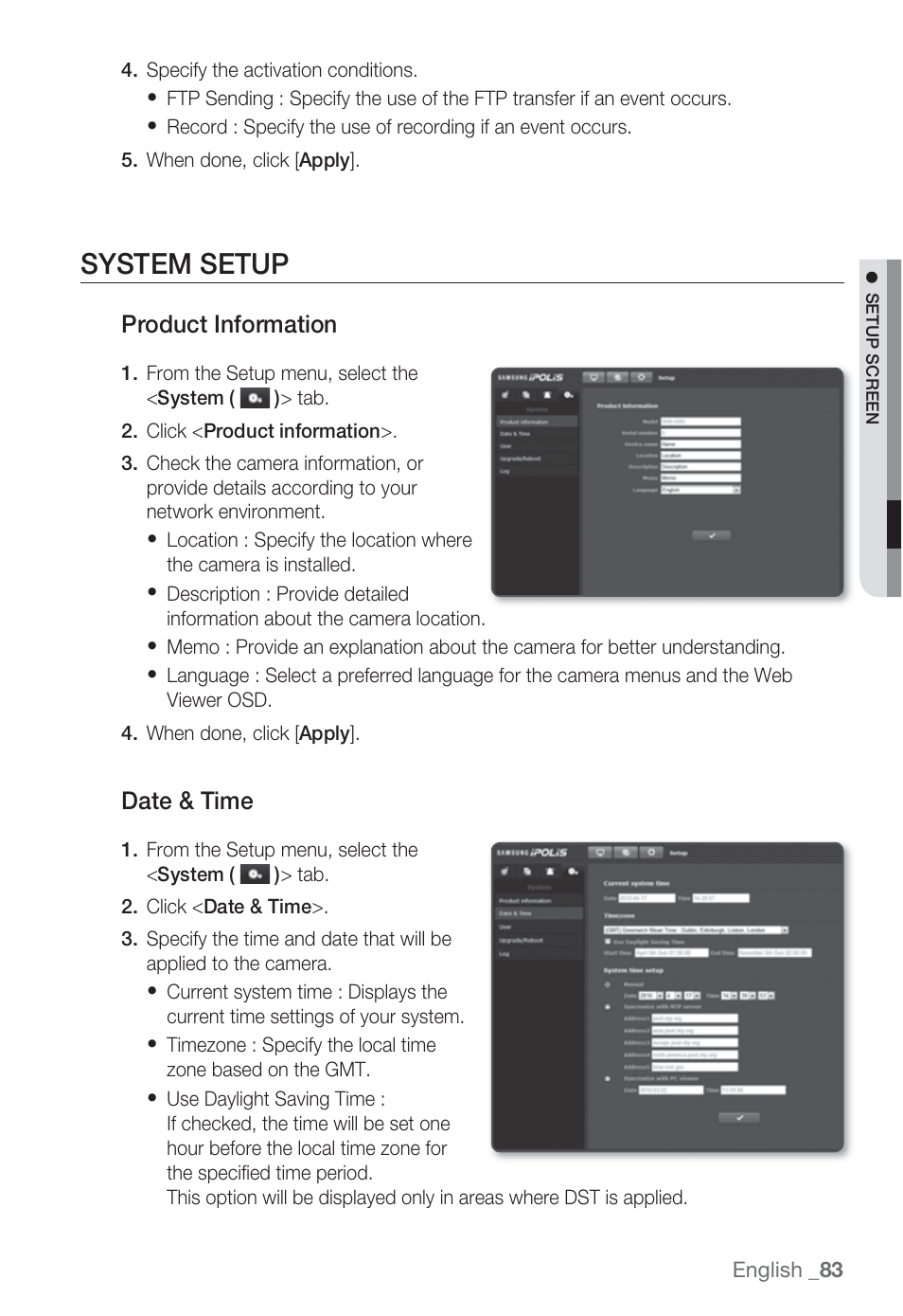 System setup, Product information, Date & time | Sharp SND-5080 User Manual | Page 83 / 101