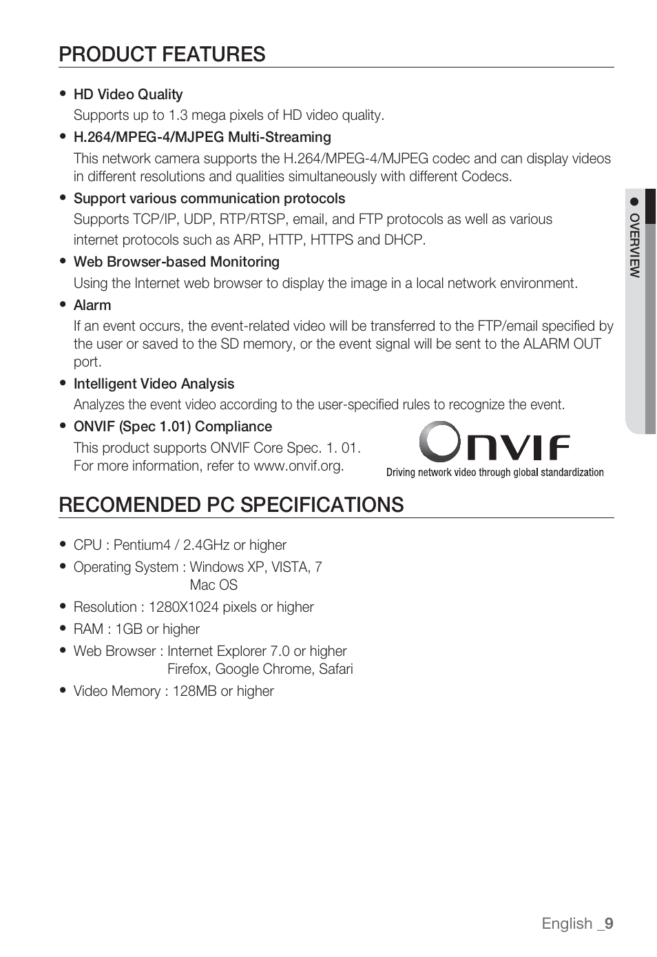 Product features, Recomended pc specifications | Sharp SND-5080 User Manual | Page 9 / 101