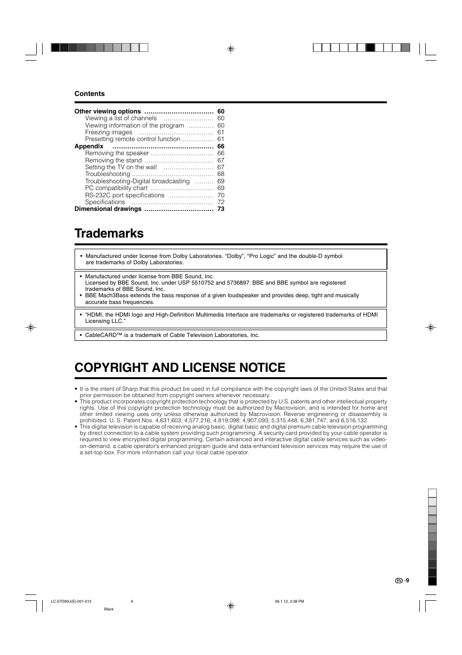 Trademarks, Copyright and license notice | Sharp Aquos LC 57D90U User Manual | Page 10 / 78