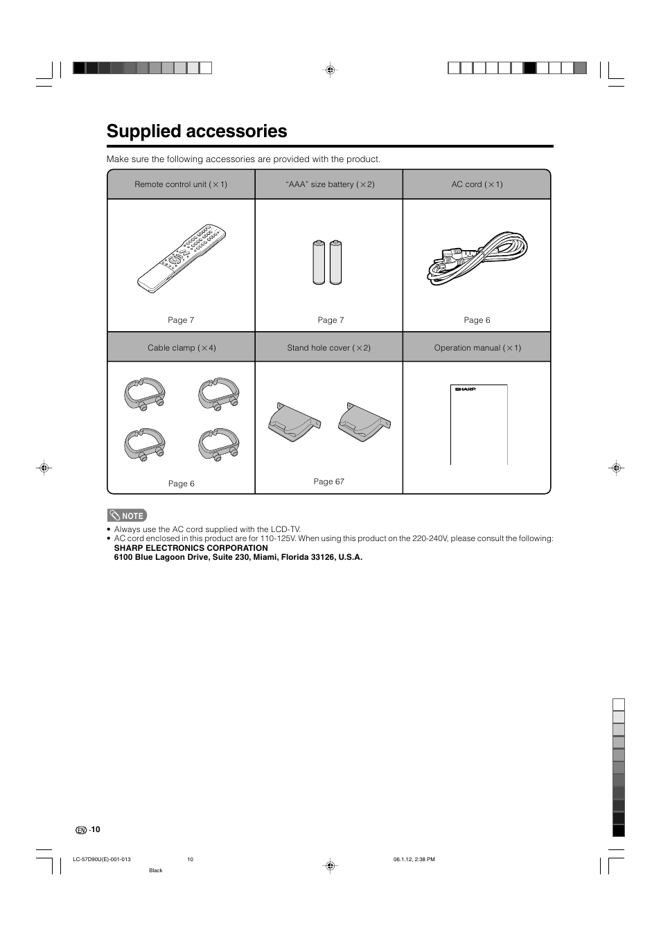 Supplied accessories | Sharp Aquos LC 57D90U User Manual | Page 11 / 78