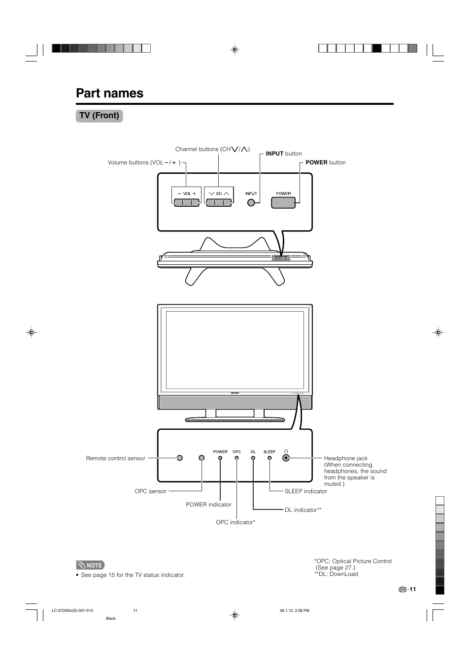 Part names, Tv (front) | Sharp Aquos LC 57D90U User Manual | Page 12 / 78