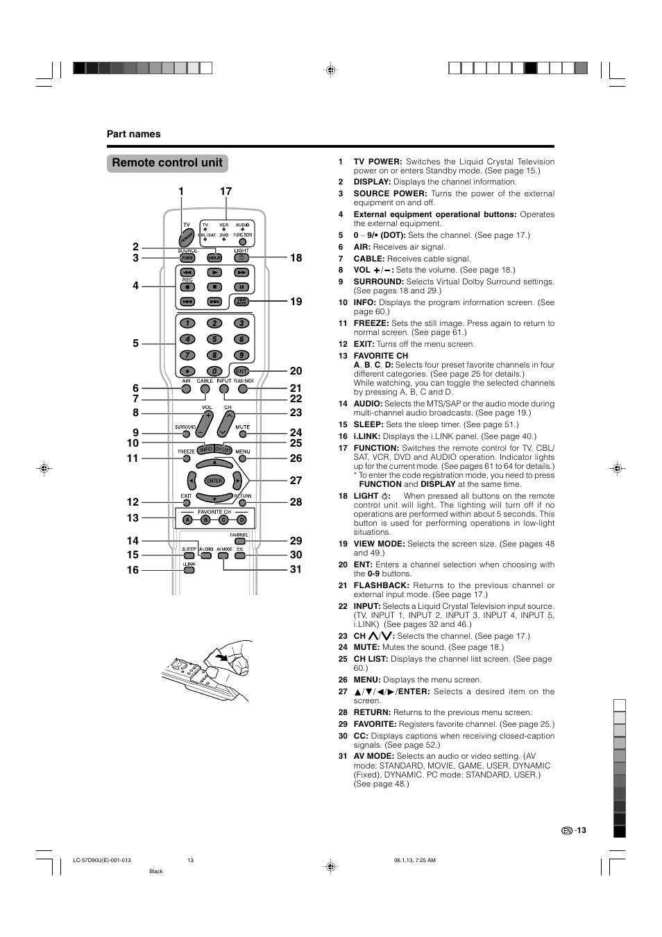 Remote control unit | Sharp Aquos LC 57D90U User Manual | Page 14 / 78