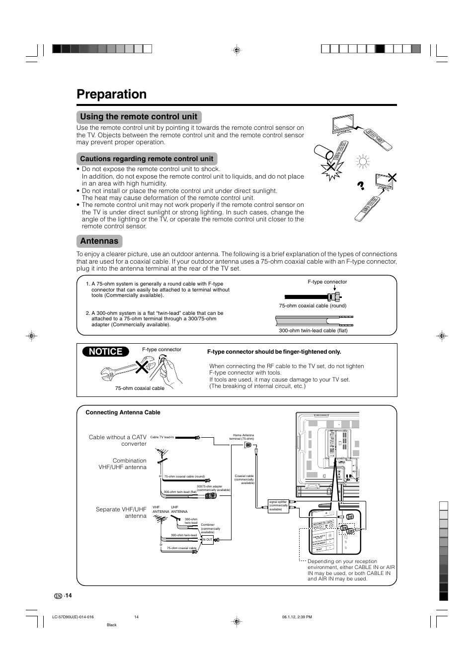 Preparation, Using the remote control unit, Cautions regarding remote control unit | Antennas, Notice | Sharp Aquos LC 57D90U User Manual | Page 15 / 78