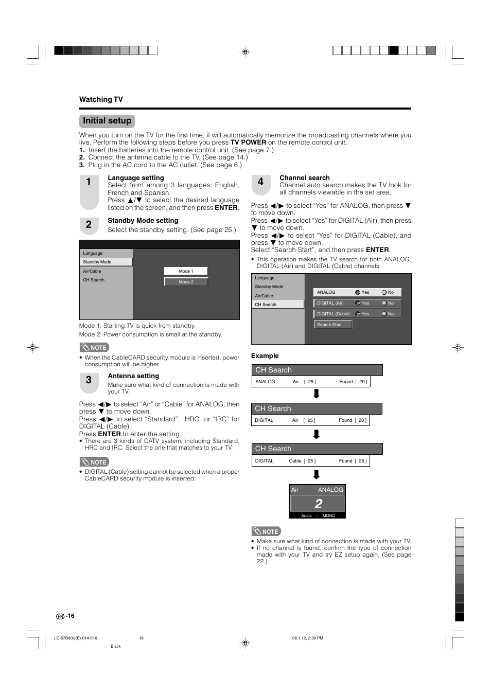 Initial setup, Watching tv, Ch search | Sharp Aquos LC 57D90U User Manual | Page 17 / 78