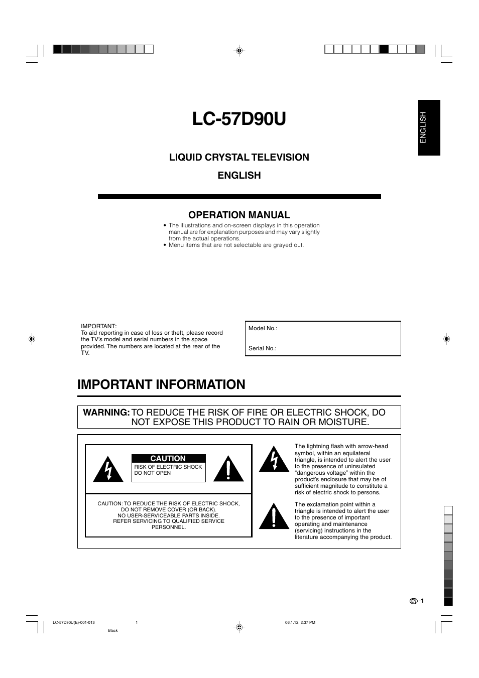 Important information, Lc-57d90u, Liquid crystal television english operation manual | Sharp Aquos LC 57D90U User Manual | Page 2 / 78