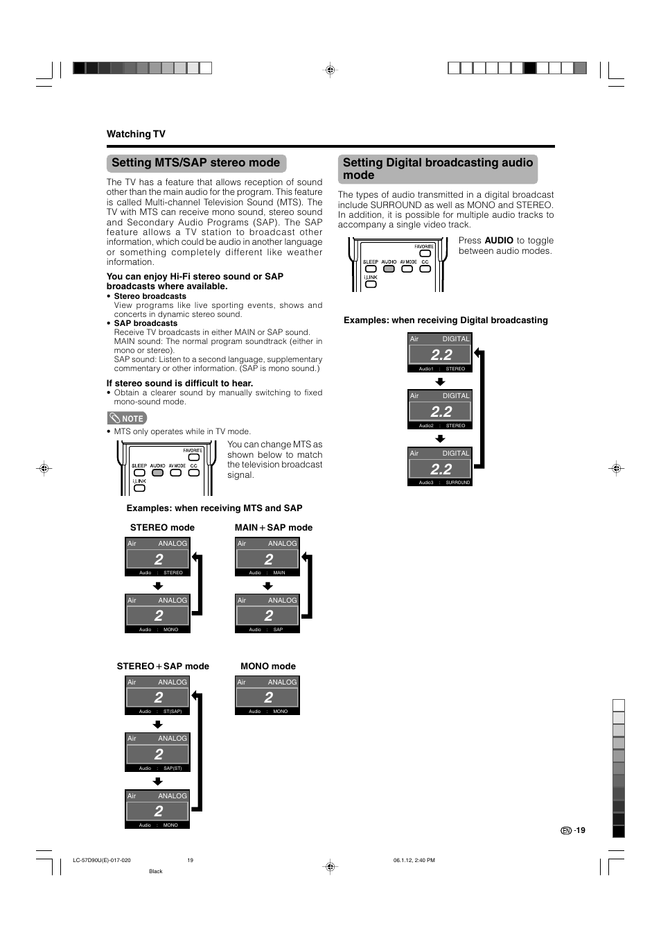 Setting mts/sap stereo mode, Setting digital broadcasting audio mode | Sharp Aquos LC 57D90U User Manual | Page 20 / 78