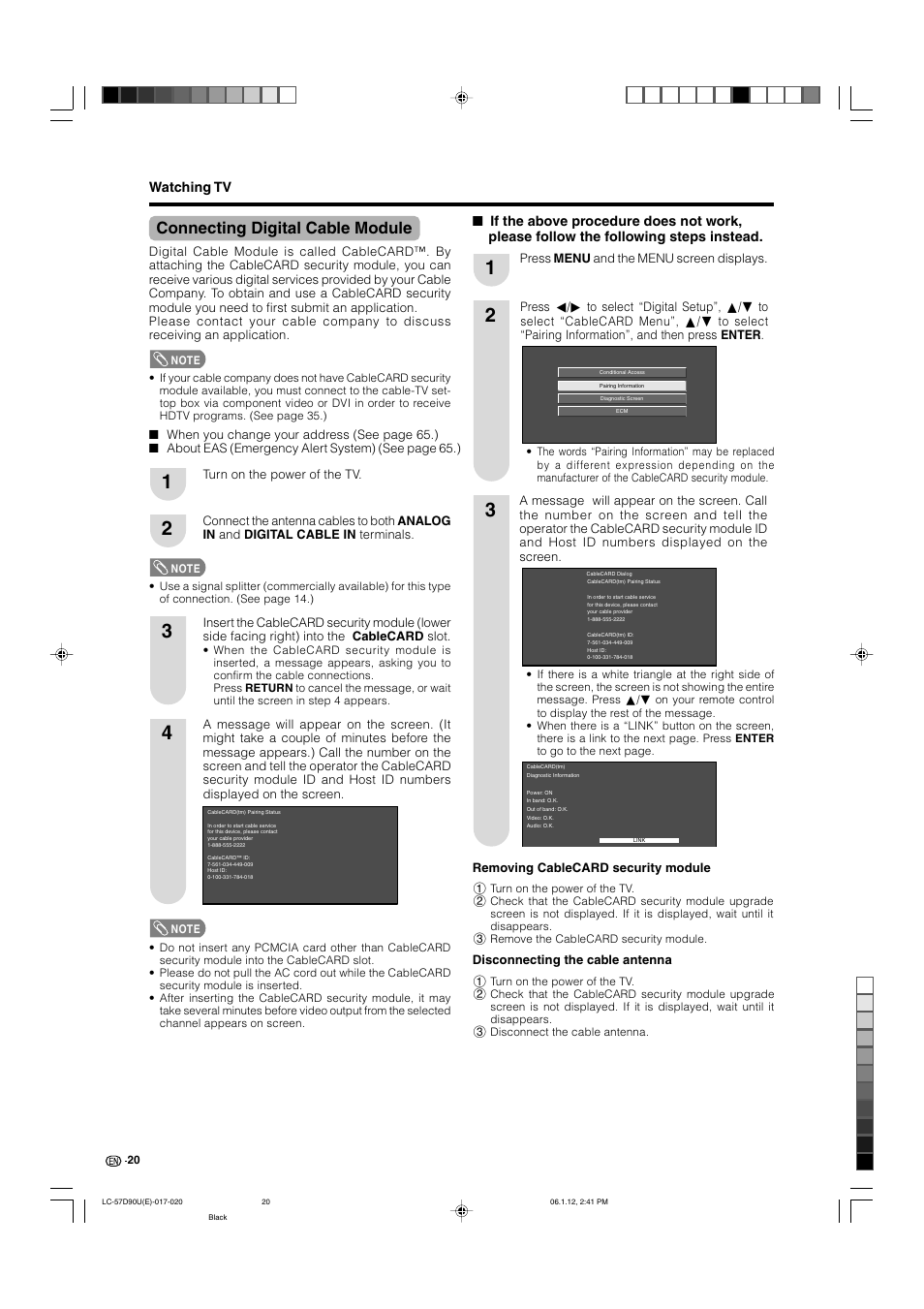 Connecting digital cable module, Watching tv | Sharp Aquos LC 57D90U User Manual | Page 21 / 78