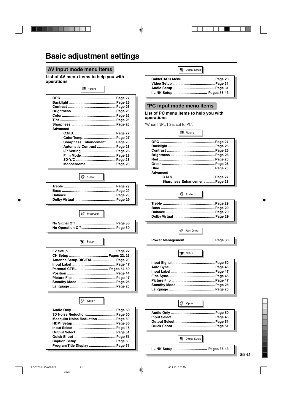 Basic adjustment settings, Av input mode menu items, Pc input mode menu items | Sharp Aquos LC 57D90U User Manual | Page 22 / 78