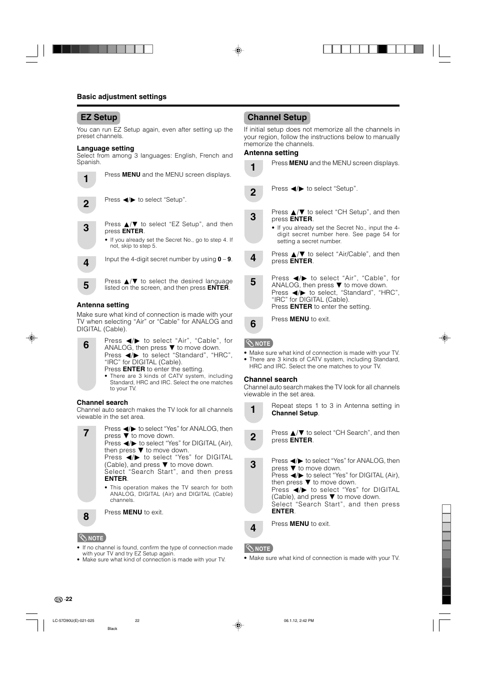 Ez setup, Channel setup | Sharp Aquos LC 57D90U User Manual | Page 23 / 78