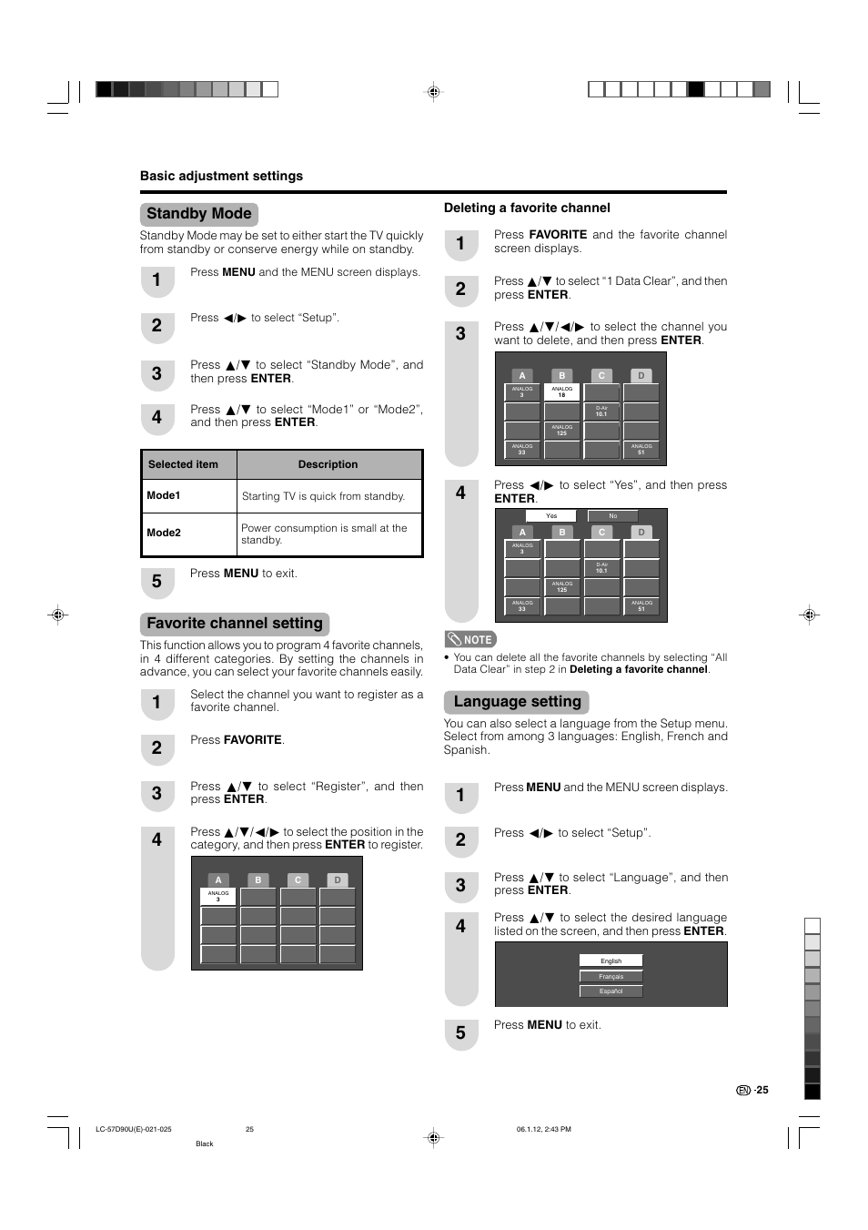 Standby mode, Favorite channel setting, Language setting | Sharp Aquos LC 57D90U User Manual | Page 26 / 78
