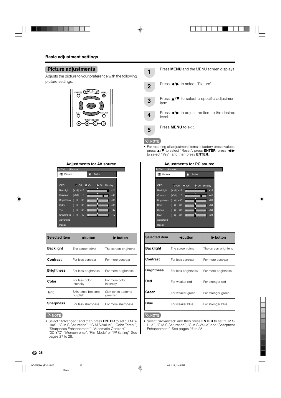 Picture adjustments, Basic adjustment settings | Sharp Aquos LC 57D90U User Manual | Page 27 / 78