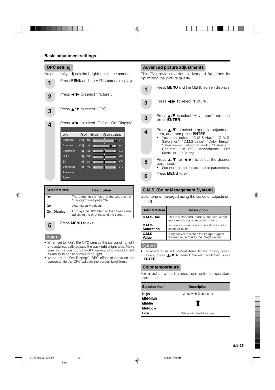 Opc setting, Advanced picture adjustments, C.m.s. (color management system) | Color temperature | Sharp Aquos LC 57D90U User Manual | Page 28 / 78