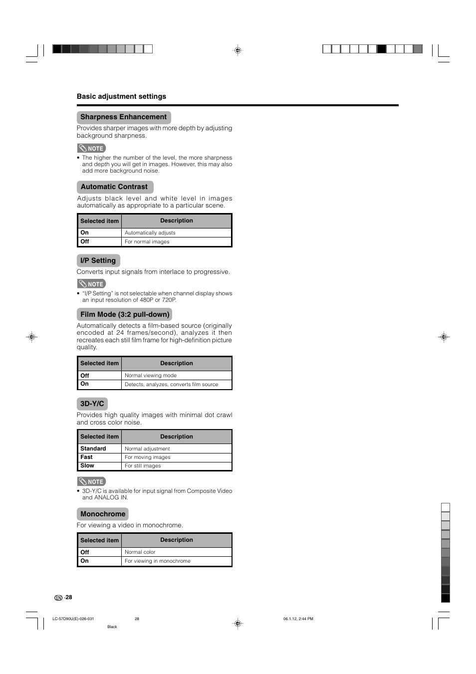 Sharpness enhancement, Automatic contrast, I/p setting | Film mode (3:2 pull-down), 3d-y/c, Monochrome | Sharp Aquos LC 57D90U User Manual | Page 29 / 78