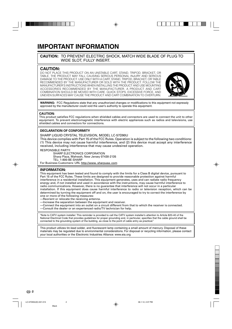 Important information, Caution | Sharp Aquos LC 57D90U User Manual | Page 3 / 78