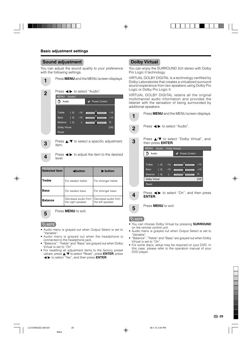 Sound adjustment, Dolby virtual | Sharp Aquos LC 57D90U User Manual | Page 30 / 78