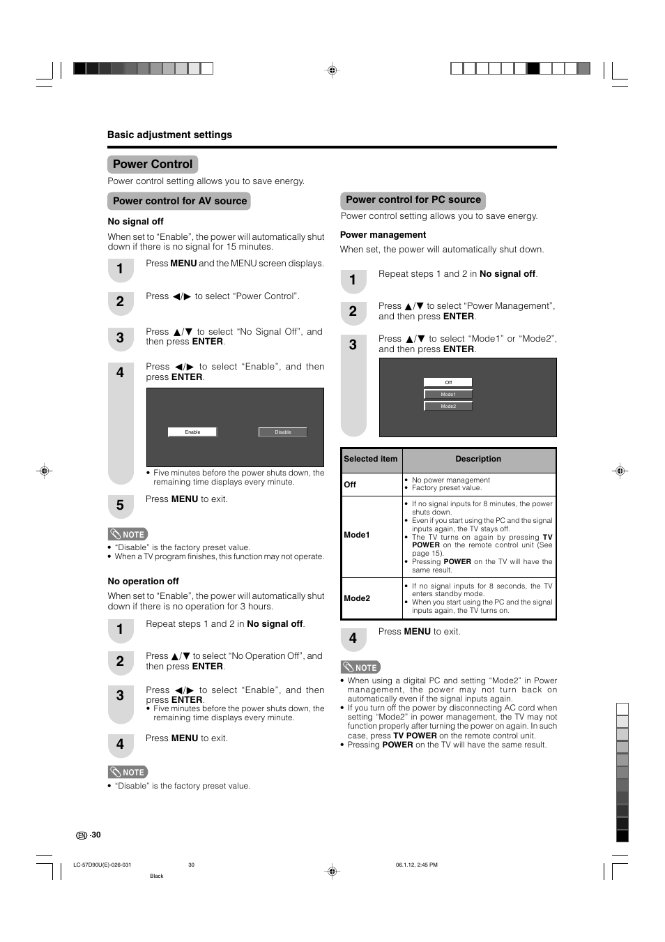 Power control, Power control for av source, Power control for pc source | Sharp Aquos LC 57D90U User Manual | Page 31 / 78