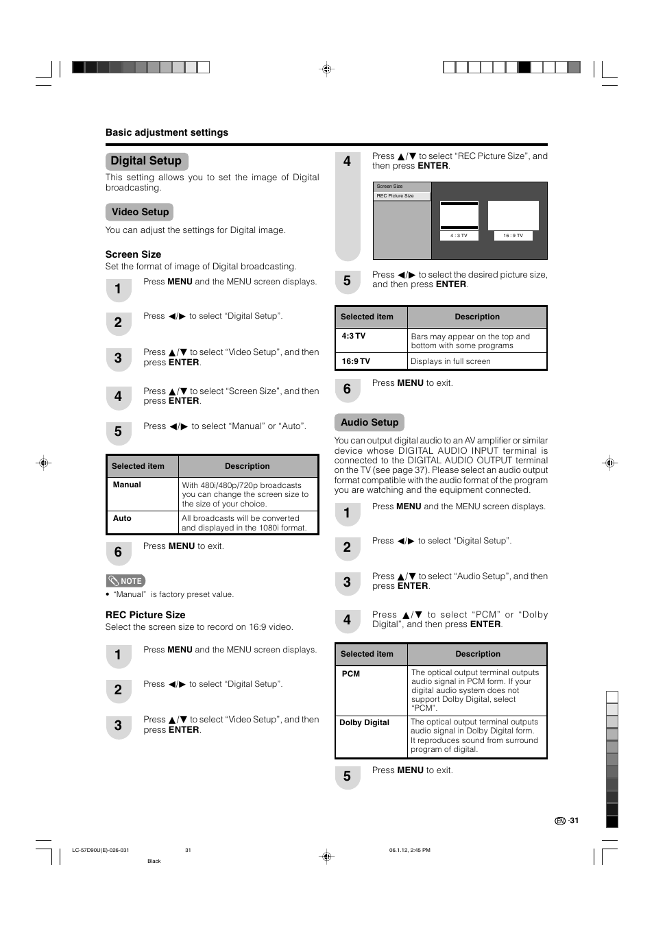 Digital setup, Video setup, Audio setup | Sharp Aquos LC 57D90U User Manual | Page 32 / 78