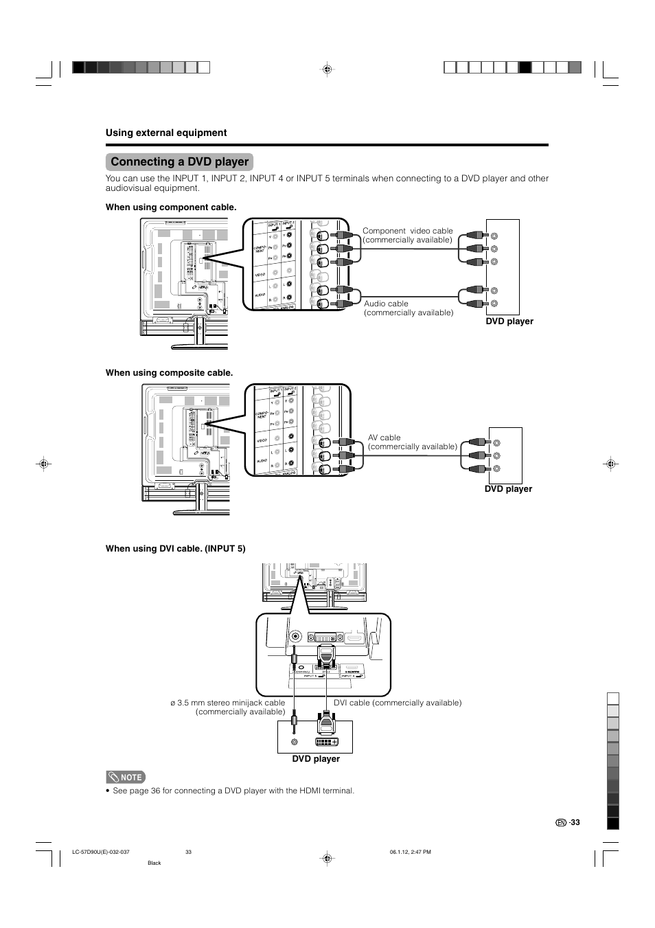 Connecting a dvd player | Sharp Aquos LC 57D90U User Manual | Page 34 / 78