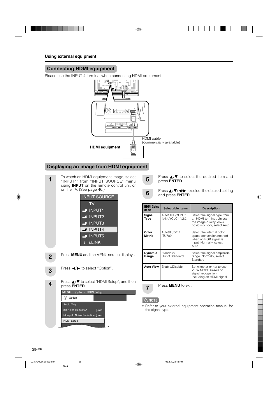 Connecting hdmi equipment, Displaying an image from hdmi equipment | Sharp Aquos LC 57D90U User Manual | Page 37 / 78