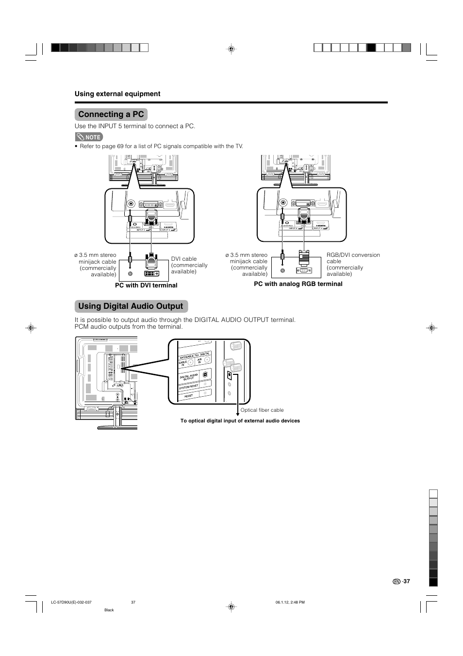 Connecting a pc, Using digital audio output | Sharp Aquos LC 57D90U User Manual | Page 38 / 78