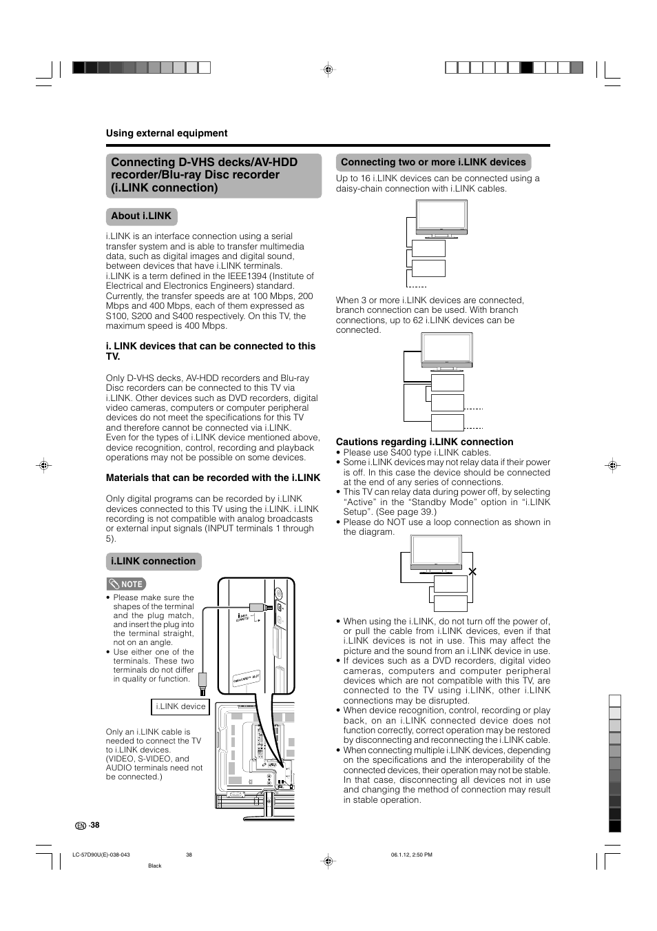 About i.link, I.link connection, Connecting two or more i.link devices | Sharp Aquos LC 57D90U User Manual | Page 39 / 78