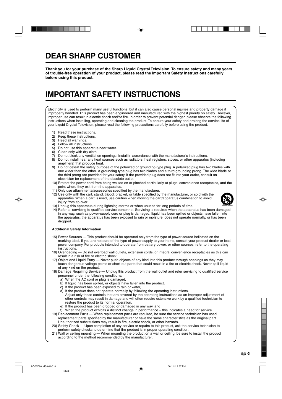 Dear sharp customer, Important safety instructions | Sharp Aquos LC 57D90U User Manual | Page 4 / 78