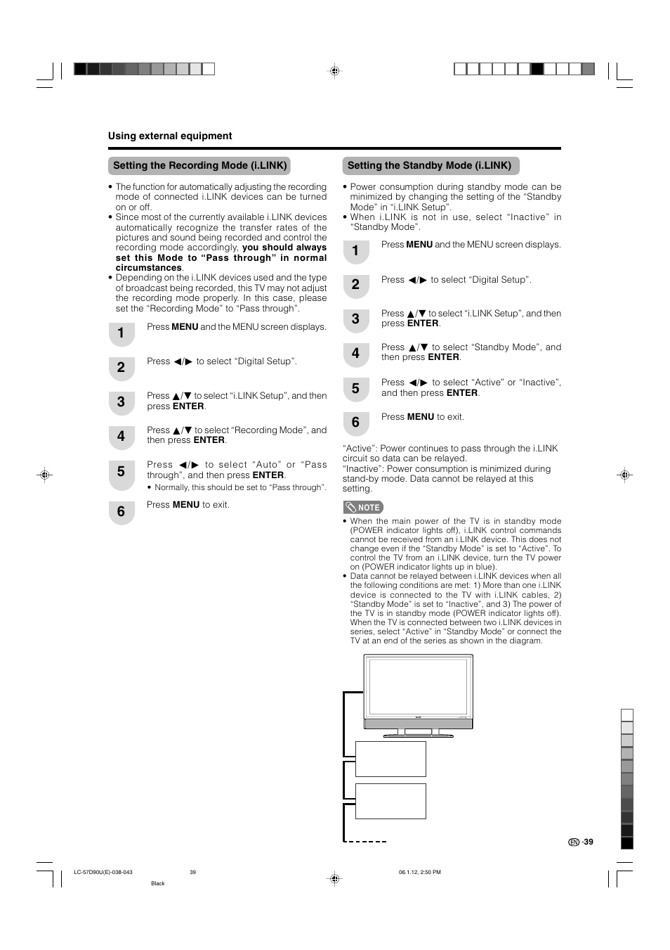 Setting the recording mode (i.link), Setting the standby mode (i.link) | Sharp Aquos LC 57D90U User Manual | Page 40 / 78