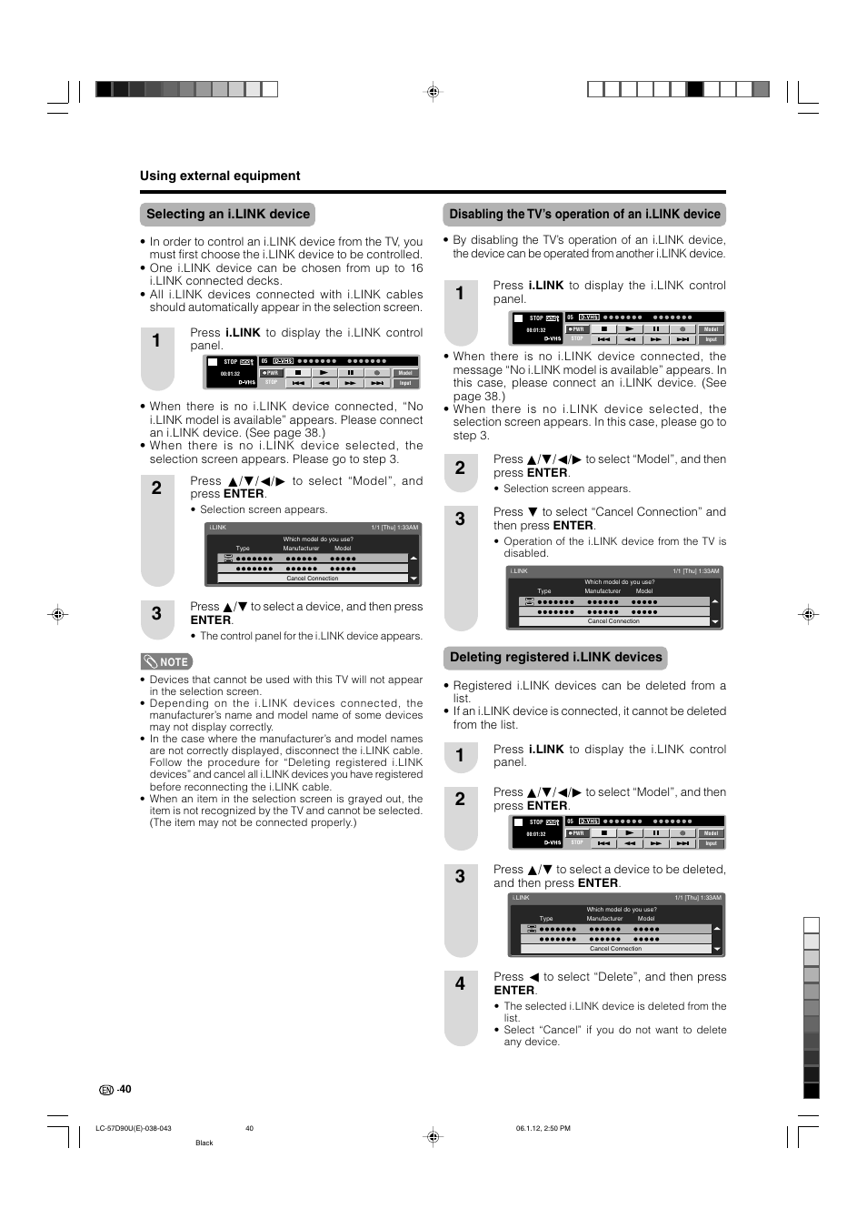 Selecting an i.link device, Disabling the tv's operation of an i.link device, Deleting registered i.link devices | Disabling the tv’s operation of an i.link device | Sharp Aquos LC 57D90U User Manual | Page 41 / 78
