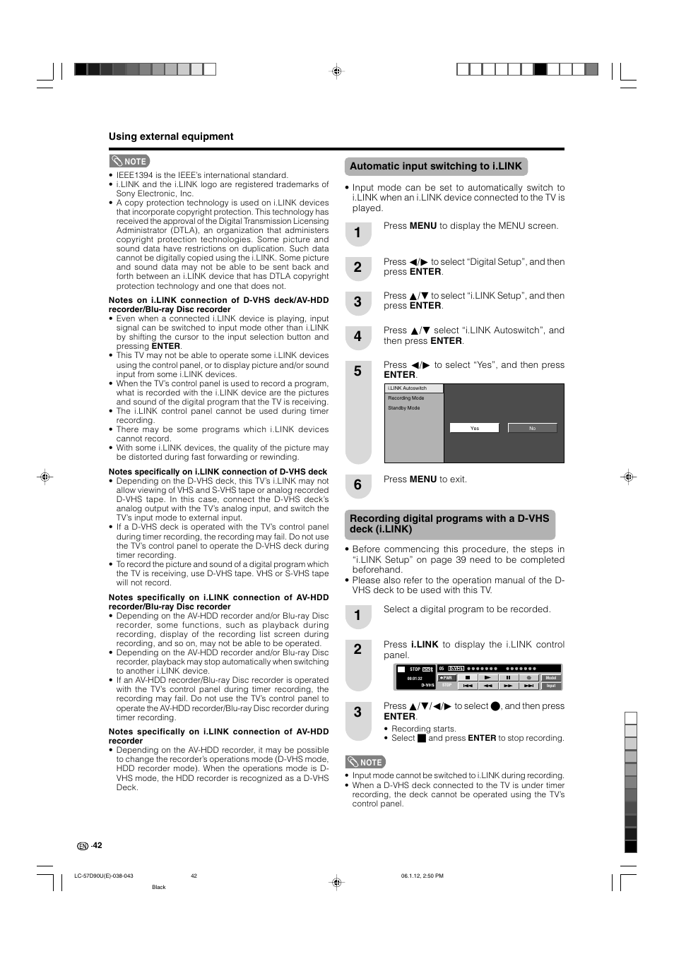 Automatic input switching to i.link | Sharp Aquos LC 57D90U User Manual | Page 43 / 78