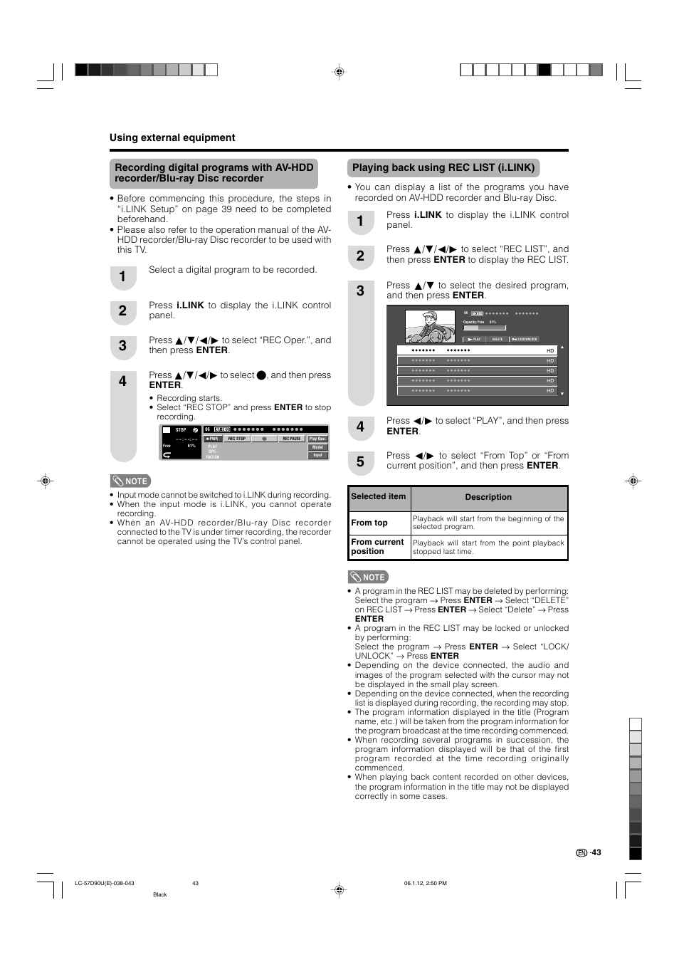 Playing back using rec list (i.link) | Sharp Aquos LC 57D90U User Manual | Page 44 / 78