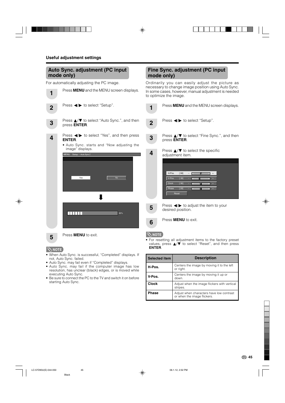 Auto sync. adjustment (pc input mode only), Fine sync. adjustment (pc input mode only) | Sharp Aquos LC 57D90U User Manual | Page 46 / 78