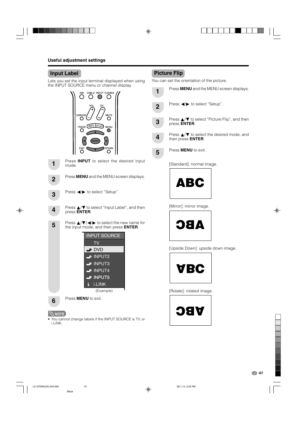 Input label, Picture flip | Sharp Aquos LC 57D90U User Manual | Page 48 / 78