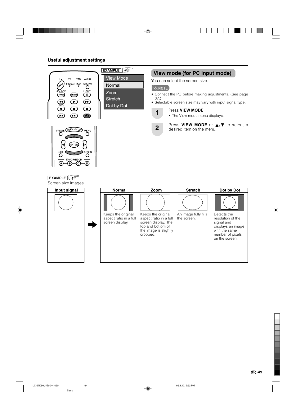 View mode (for pc input mode) | Sharp Aquos LC 57D90U User Manual | Page 50 / 78