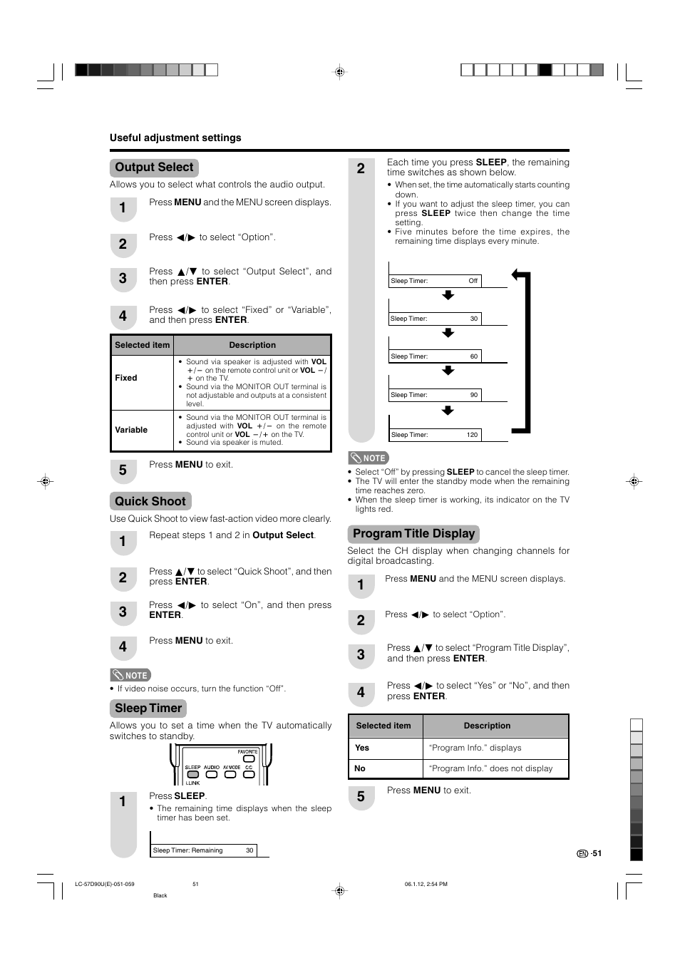 Output select, Quick shoot, Sleep timer | Program title display | Sharp Aquos LC 57D90U User Manual | Page 52 / 78