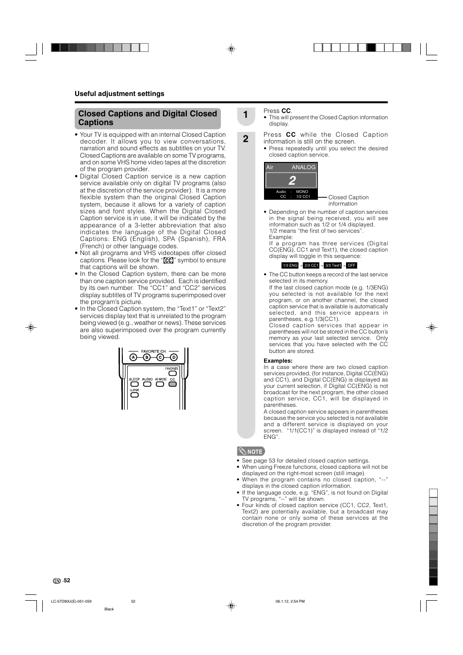 Closed captions and digital closed captions | Sharp Aquos LC 57D90U User Manual | Page 53 / 78