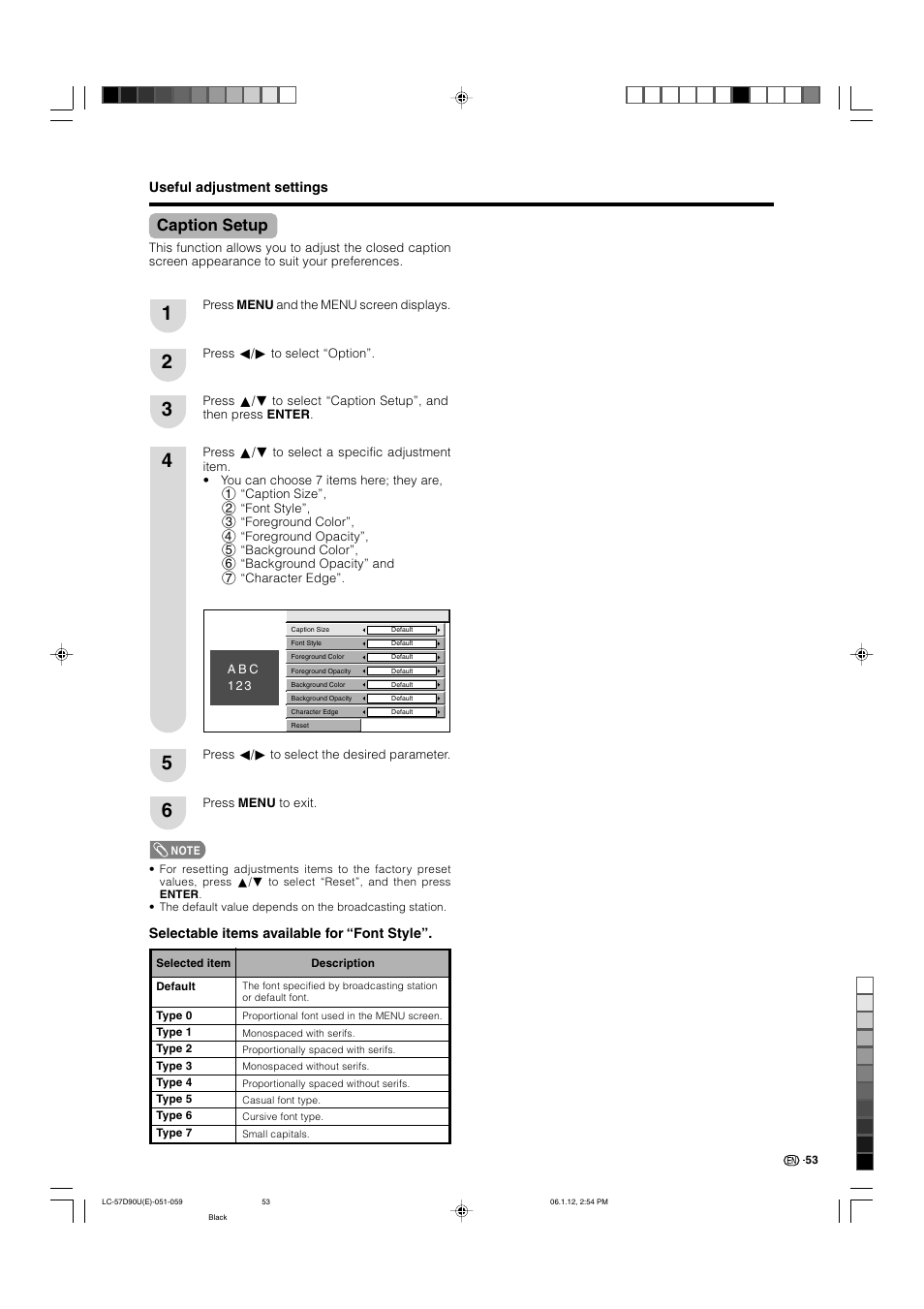 Caption setup | Sharp Aquos LC 57D90U User Manual | Page 54 / 78