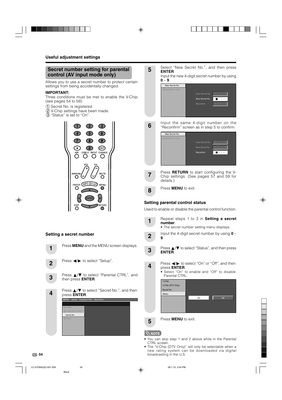 Useful adjustment settings, Setting parental control status, Setting a secret number | Sharp Aquos LC 57D90U User Manual | Page 55 / 78