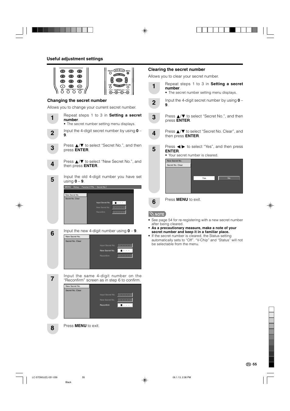 Clearing the secret number | Sharp Aquos LC 57D90U User Manual | Page 56 / 78