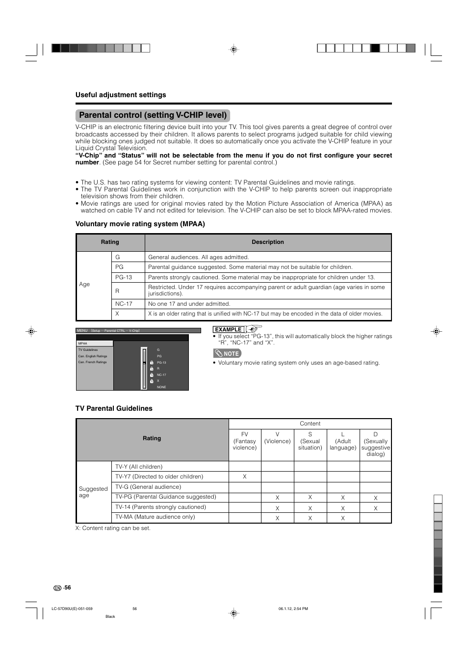 Parental control (setting v-chip level), Useful adjustment settings, Voluntary movie rating system (mpaa) | Tv parental guidelines | Sharp Aquos LC 57D90U User Manual | Page 57 / 78