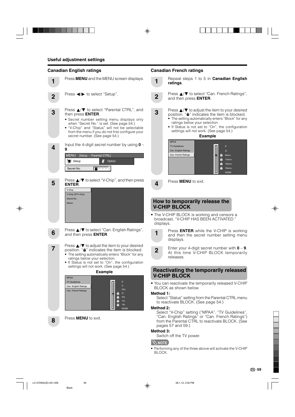 How to temporarily release the v-chip block, Reactivating the temporarily released v-chip block | Sharp Aquos LC 57D90U User Manual | Page 60 / 78
