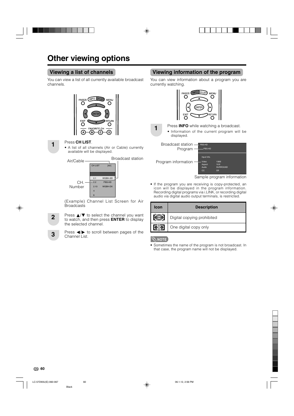 Other viewing options, Viewing a list of channels, Viewing information of the program | Sharp Aquos LC 57D90U User Manual | Page 61 / 78