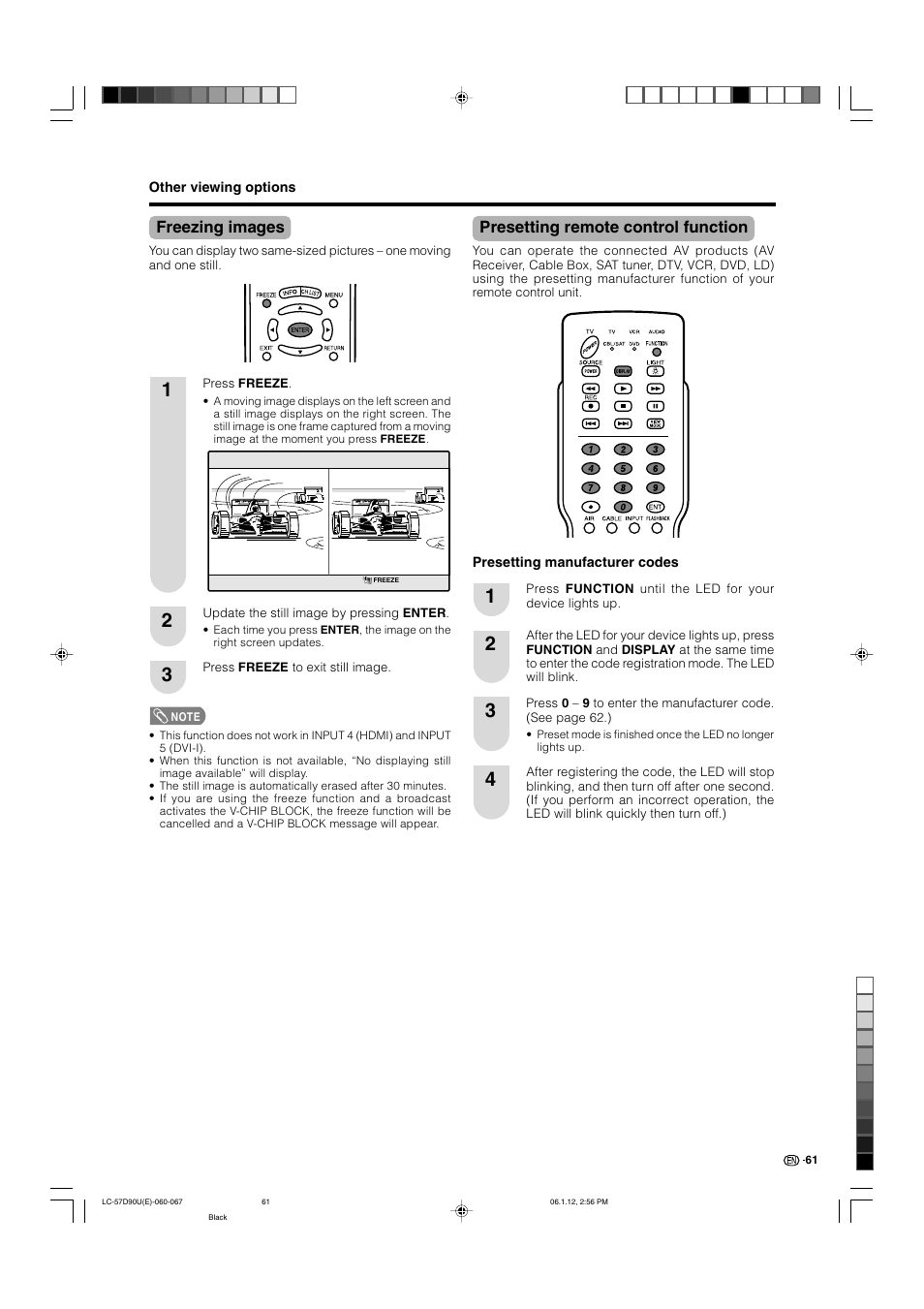 Freezing images, Presetting remote control function | Sharp Aquos LC 57D90U User Manual | Page 62 / 78