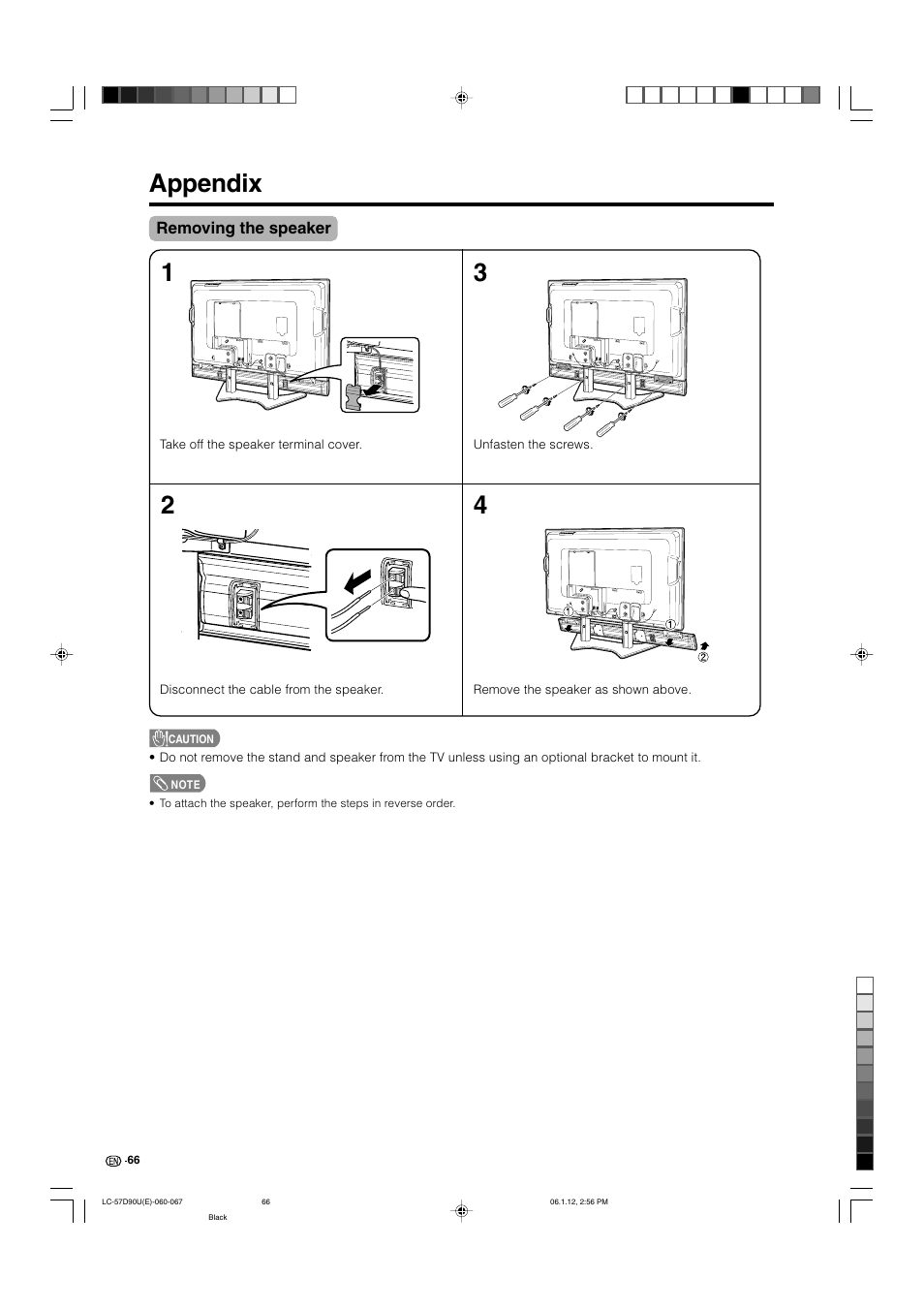 Appendix, Removing the speaker | Sharp Aquos LC 57D90U User Manual | Page 67 / 78